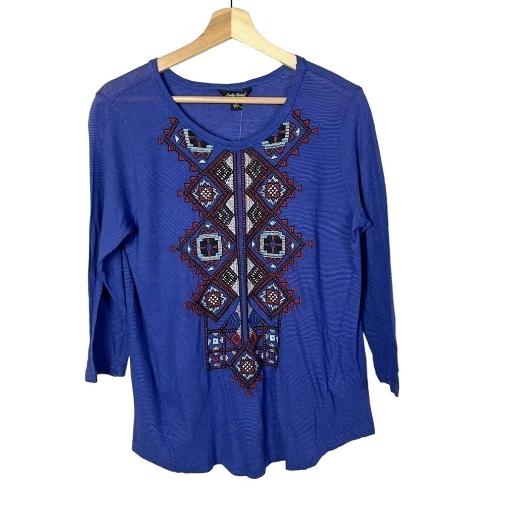Lucky Brand Bright Blue Diamond Embroidered‎ Long Sleeve Tee S